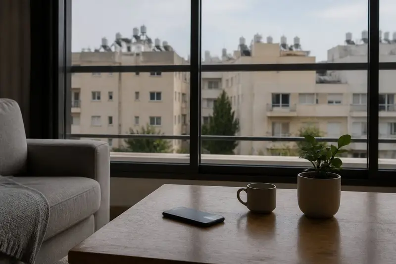 טלפון מונח הפוך על שולחן קפה בסלון ישראלי ליד ספל קפה ועציץ, בחלון נוף של בנייני מגורים