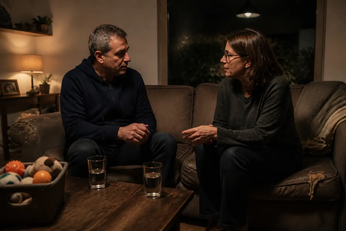השיחה שמחזירה את הבית לשניים היא בדרך כלל שיחה על דברים קטנים, כמו מי מסיע מחר ומה השתנה בזמן שלא היה. זוג בשנות הארבעים יושב על ספה בסלון בערב, פונים זה לזה ומדברים בשקט, עם סל צעצועים ושמיכה ליד