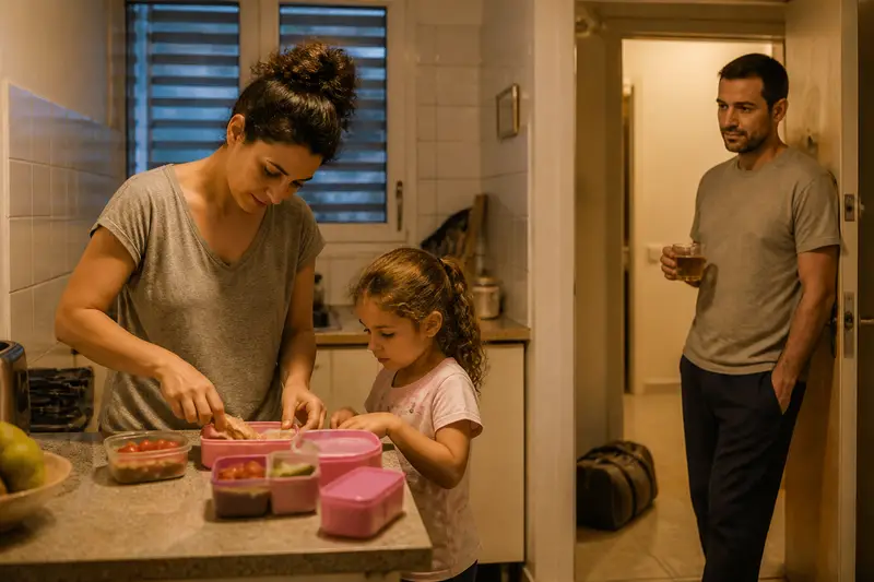 אישה וילדה אורזות קופסאות אוכל במטבח של דירה ישראלית בערב, ובפתח המטבח עומד גבר עם כוס תה ומסתכל, ותיק נסיעה על הרצפה מאחוריו