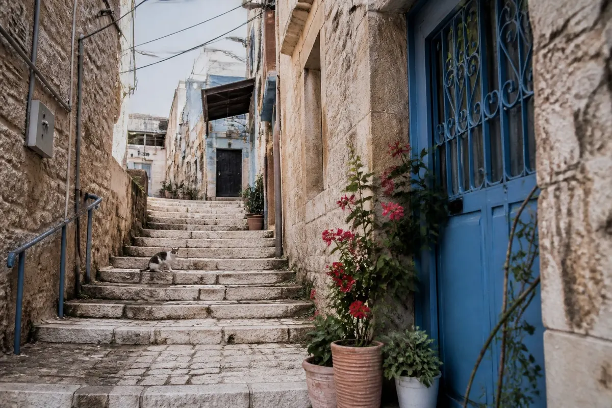 סמטת מדרגות אבן בשכונה ותיקה באור יום, חתול על אחת המדרגות ועציצים עם פרחים אדומים ליד דלת מתכת כחולה