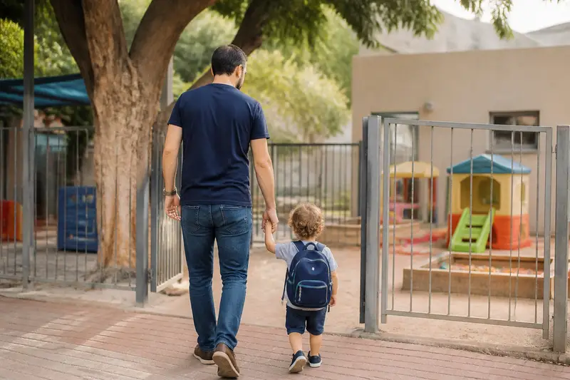 אב בשנות השלושים ופעוט בן שנתיים הולכים יד ביד אל השער הפתוח של חצר גן ילדים בבוקר, הילד עם תיק גב קטן, מצולמים מאחור