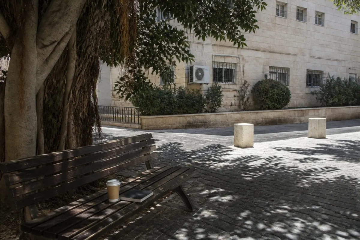 רחבה קטנה מול בניין משרדים בצהריים: ספסל עץ בצל עץ פיקוס, כוס קפה חד פעמית ומחברת סגורה מונחות עליו