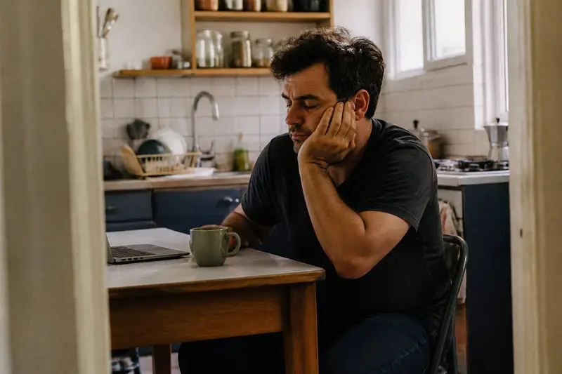 גבר בתחילת שנות הארבעים לחייו יושב ליד שולחן מטבח באור צהריים, ראשו נשען על ידו ועיניו חצי עצומות, לידו ספל קפה ומחשב נייד