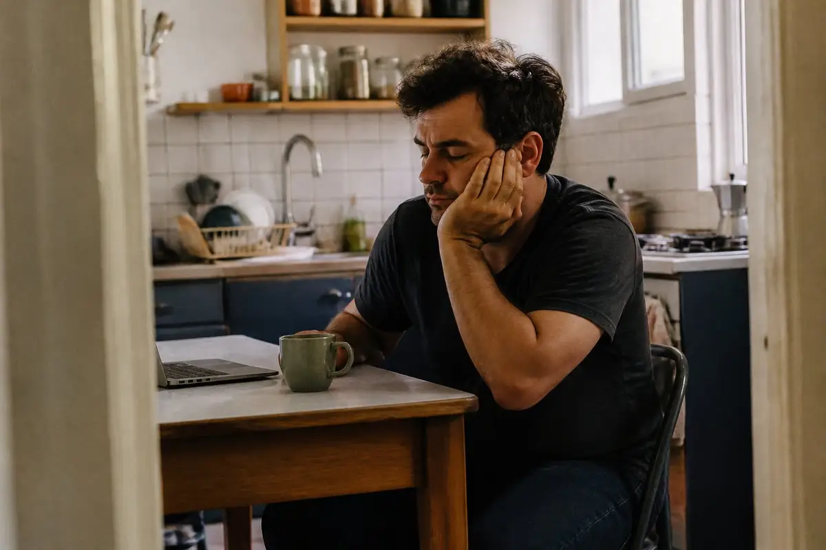 גבר בתחילת שנות הארבעים לחייו יושב ליד שולחן מטבח באור צהריים, ראשו נשען על ידו ועיניו חצי עצומות, לידו ספל קפה ומחשב נייד