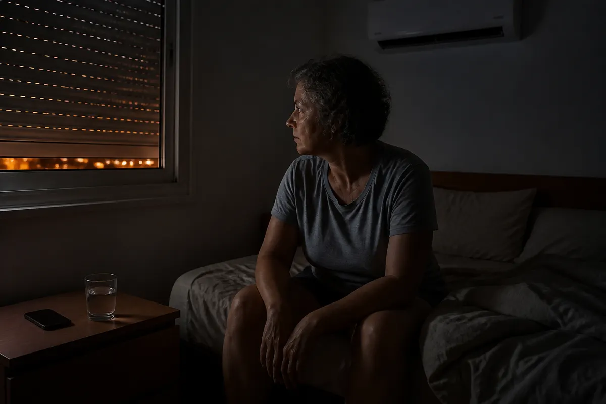 אישה בסוף שנות הארבעים יושבת ערה על קצה המיטה בחדר שינה חשוך, אור רחוב כתום נכנס בין פסי התריס, מזגן על הקיר והטלפון מונח הפוך על השידה ליד כוס מים