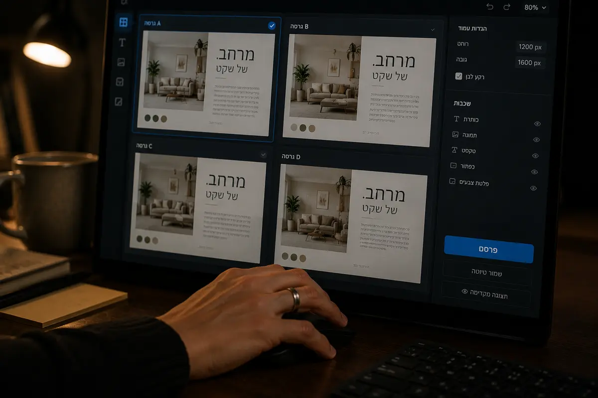 תקריב של יד העוברת שוב ושוב בין גרסאות כמעט זהות של עיצוב, כשכפתור הפרסום נשאר בצד המסך.