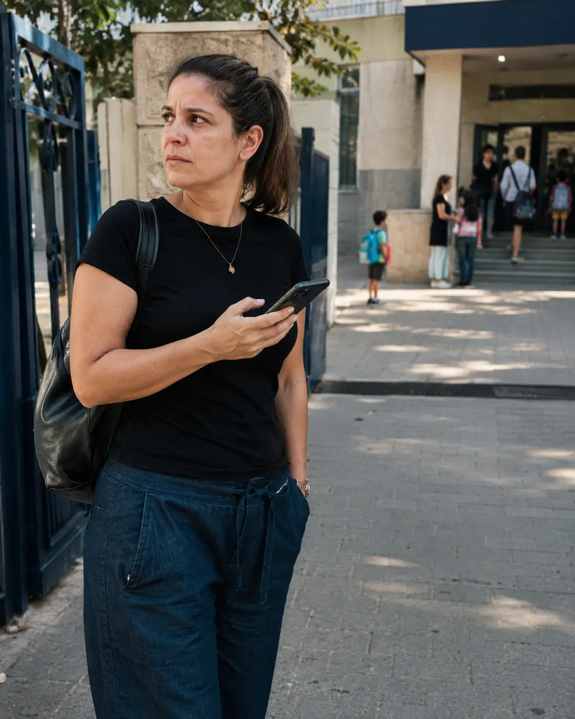 הורה עומד ליד שער בית ספר ריק יחסית, הטלפון ביד, מבטו מחפש מישהו.