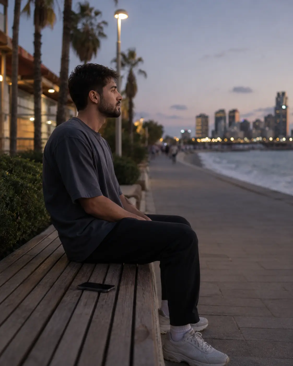 אדם יושב על ספסל בחוץ בשעת ערב, הטלפון מונח לידו, והוא מביט קדימה במקום למסך.