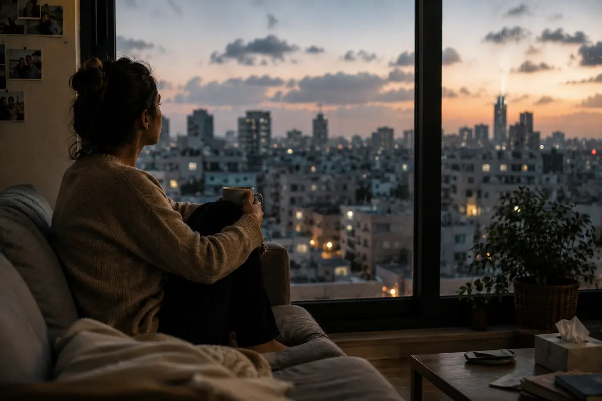 אישה יושבת לבדה מול אורות העיר בשעת ערב, סמל לבדידות ולעייפות הנפשית שנותרו אצל רבים בישראל גם אחרי שהקורונה הסתיימה.